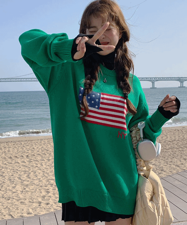 [Green💚/아메리카] USA 성조기 니트 루즈핏 롱 남녀공용 코튼 초록 스웨터
