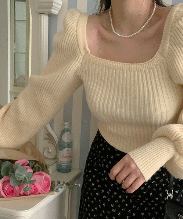 [벌룬🎈니트BL] 블랑블리 긴목 스퀘어넥 하찌 크롭 스웨터 소매 퍼프 블라우스 니트
