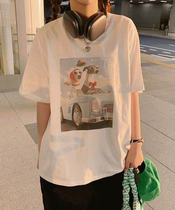댕댕이🐶 Vintage T 반팔 티셔츠 프린팅 포스터 나염 액자 선글라스 캐릭터 레이어드 루즈핏 티