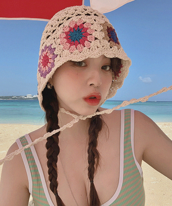 [SNS💚문의폭주] 뜨개 플라워 리본 벙거지 모자  여름 니트 비니 햇빛 자외선 버킷햇  